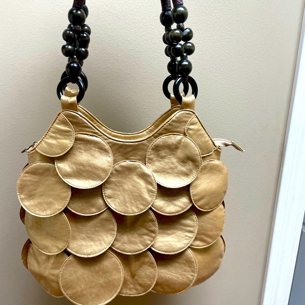 Gold vegan leather petals, wooden bead straps